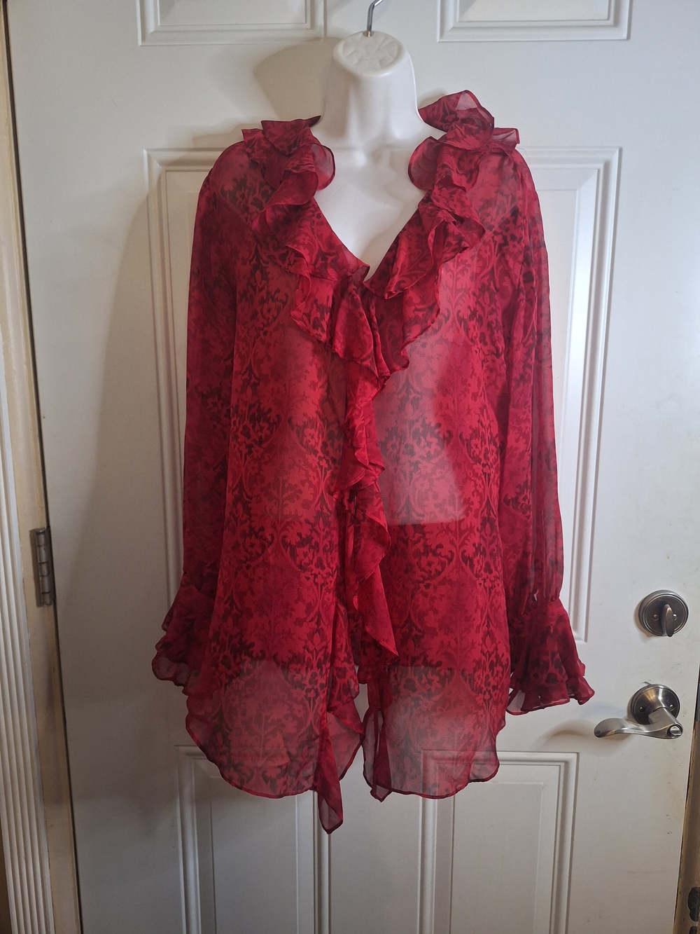 Vintage Chico's Red Silk Georgette Damask-Print Blouse Ruffle Detail Size 2